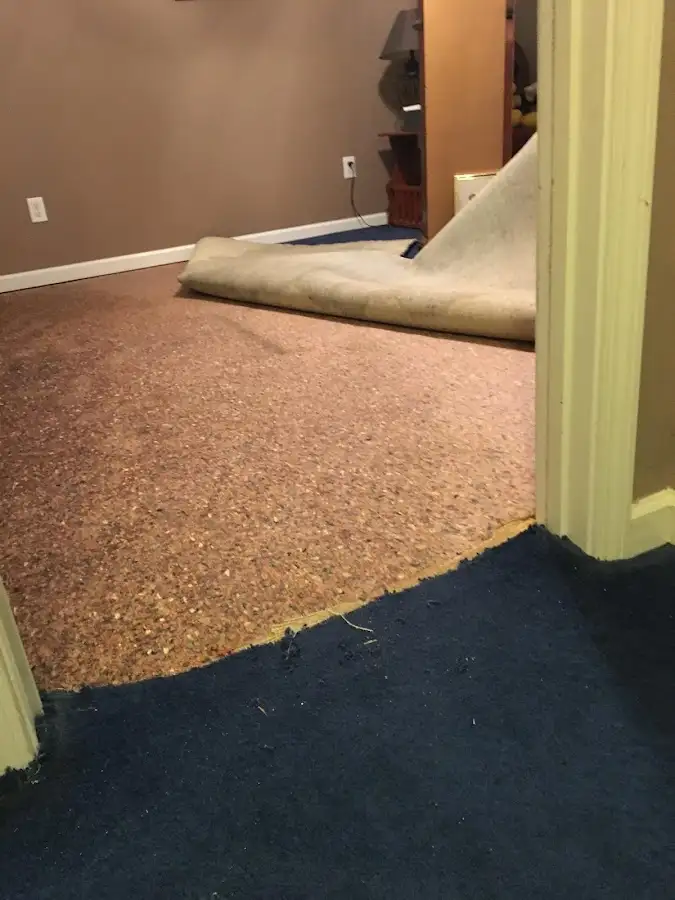 Carpet pad removal revealing water damage during Water Mitigation Services in Vancleave